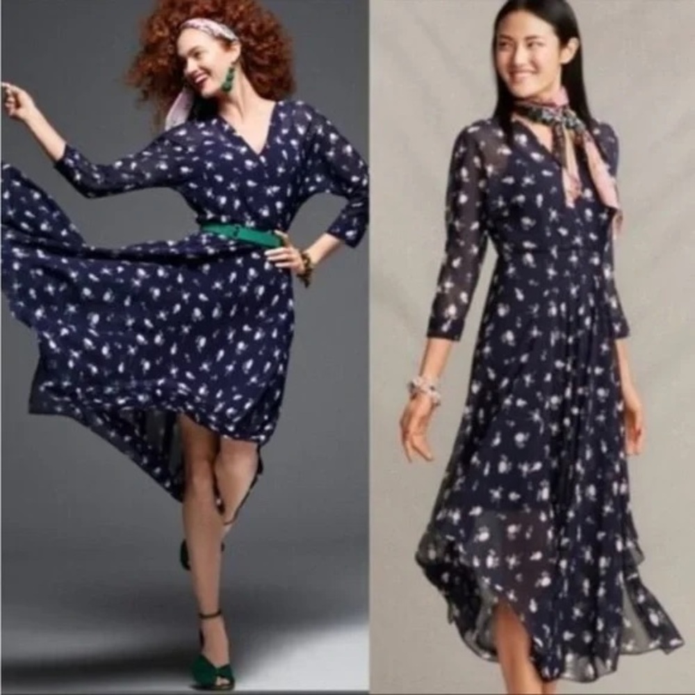Cabi Womens 6 Navy White Floral 5575 Ruffled Midi Dress